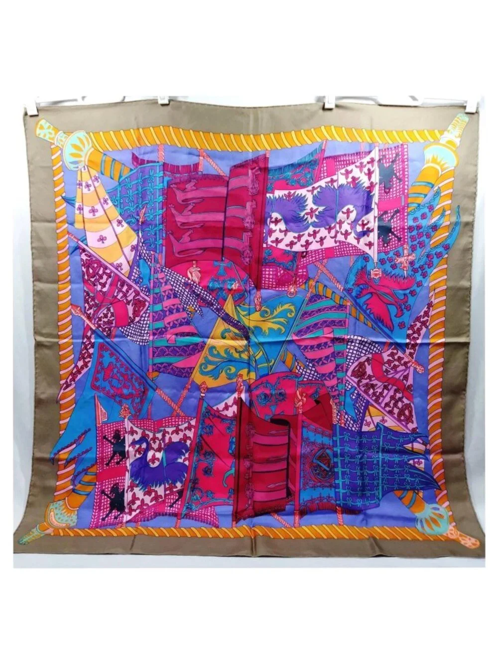 Hermès Paris Les Bannières Silk Scarf 90 Carré Purple Pink Blue Authentic